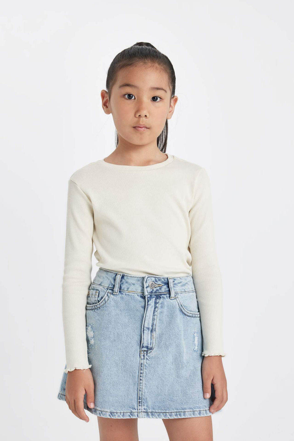 K?z Cocuk Bisiklet Yaka Basic Duz Fitilli Kaskorse Uzun Kollu Tisort - Defacto фото 2