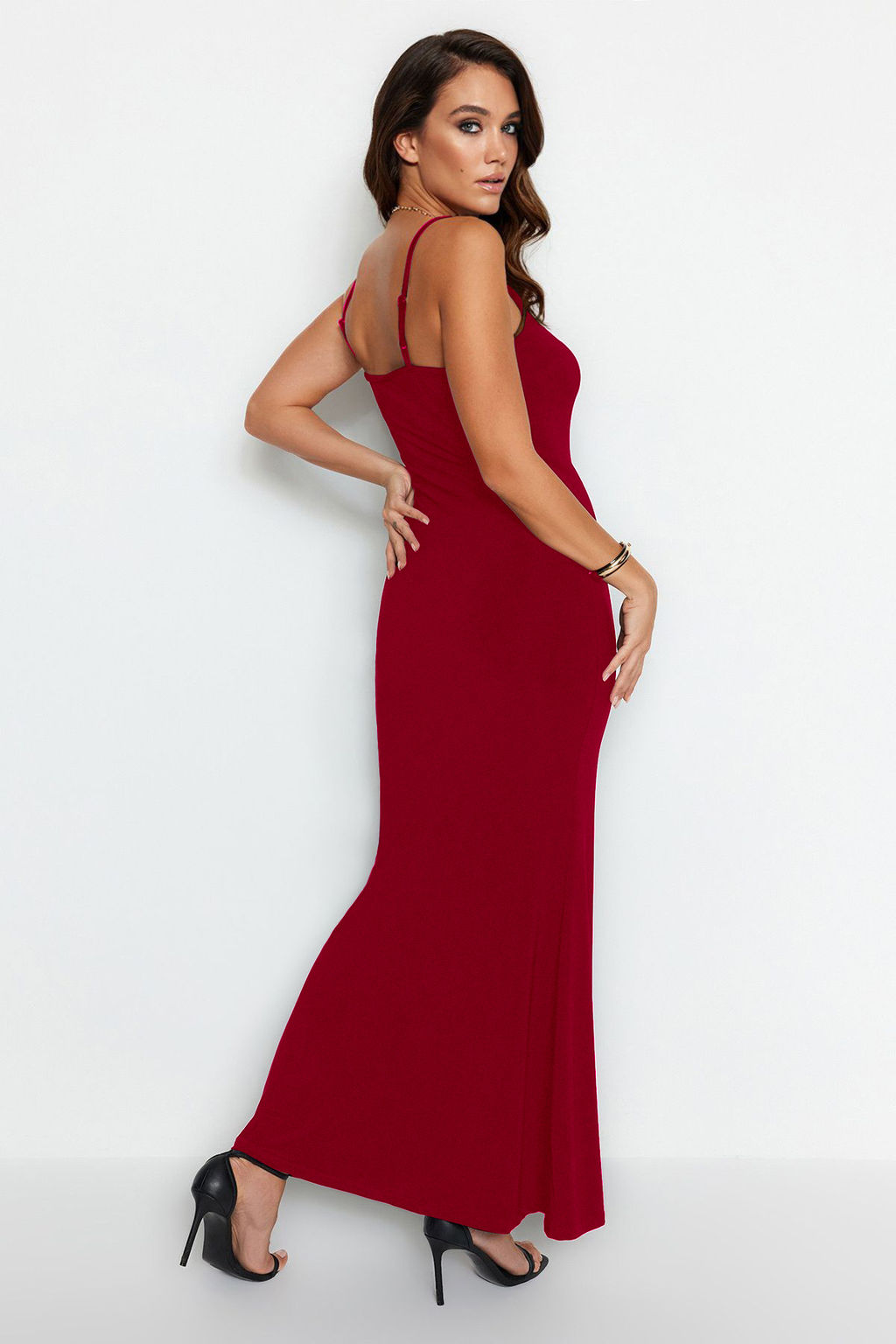 TRENDYOLMILLA Kahverengi Fitted/Vucuda Oturan Ask?l? Maxi Esnek Orme Kalem Elbise TWOSS23EL02435 фото 37