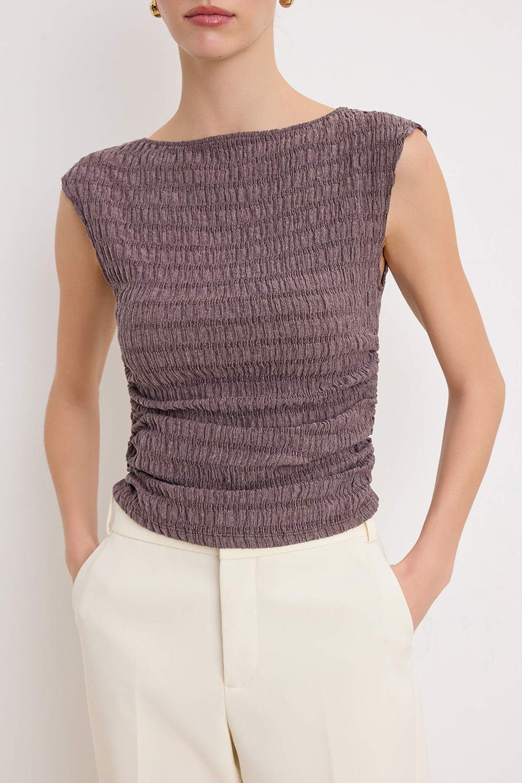 Ac?k Kahverengi Fitted/Vucuda Oturan Kay?k Yaka Kolsuz Buzgulu Dokulu Orme Bluz TWOSS26BZ00258 - Trendyolmilla фото 3