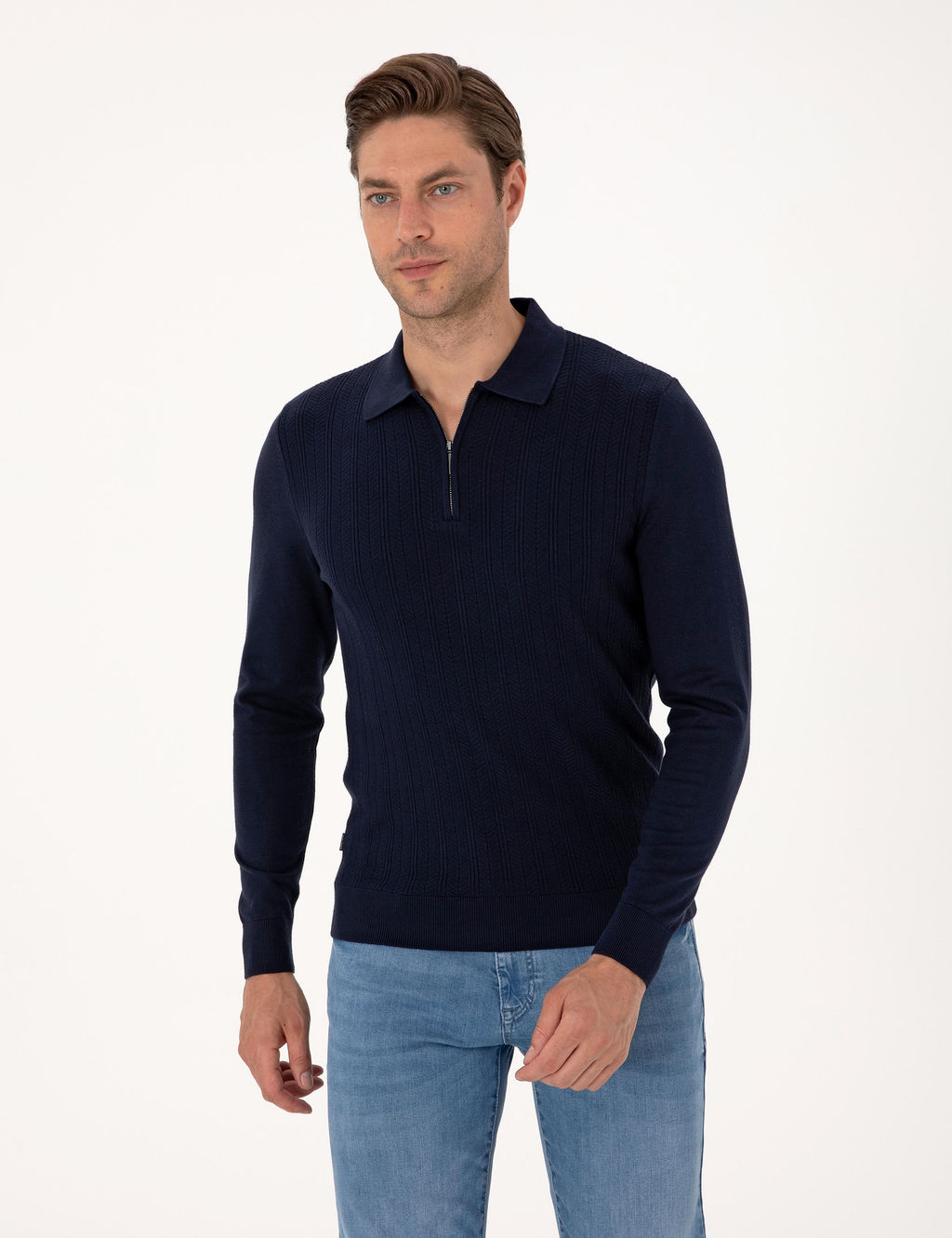 Lacivert Regular Fit Polo Yaka Fermuarl_ Triko Kazak - Pierre cardin фото 3