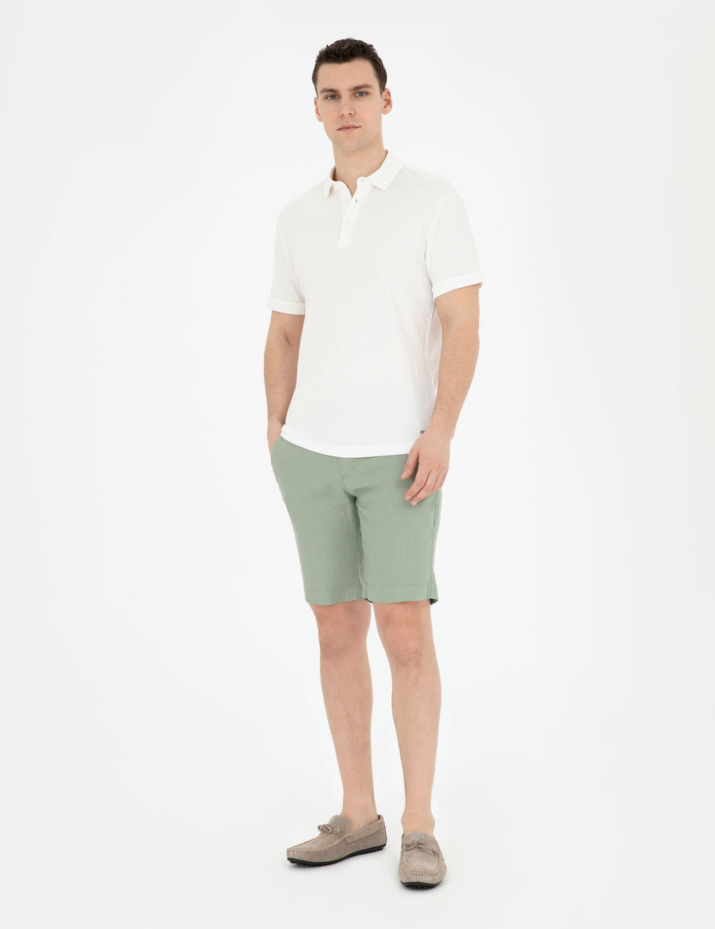 Ye_il Slim Fit %100 Keten Beli Lastikli Ba_c_kl_ Dokuma _ort
