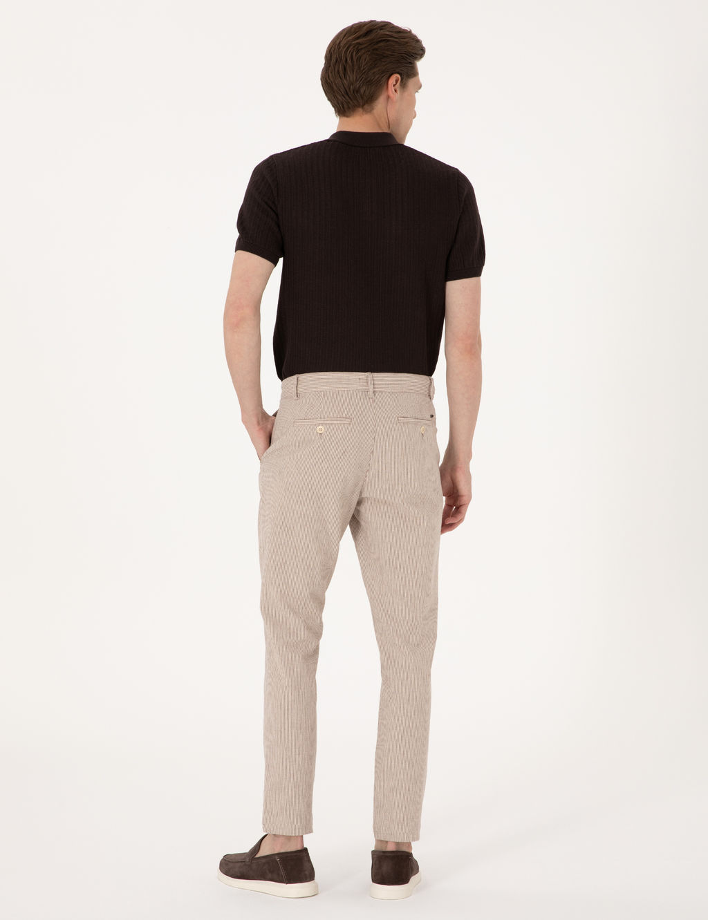 Bej Slim Fit Keten Kar___ml_ Beli _pli _izgili Kanvas Pantolon