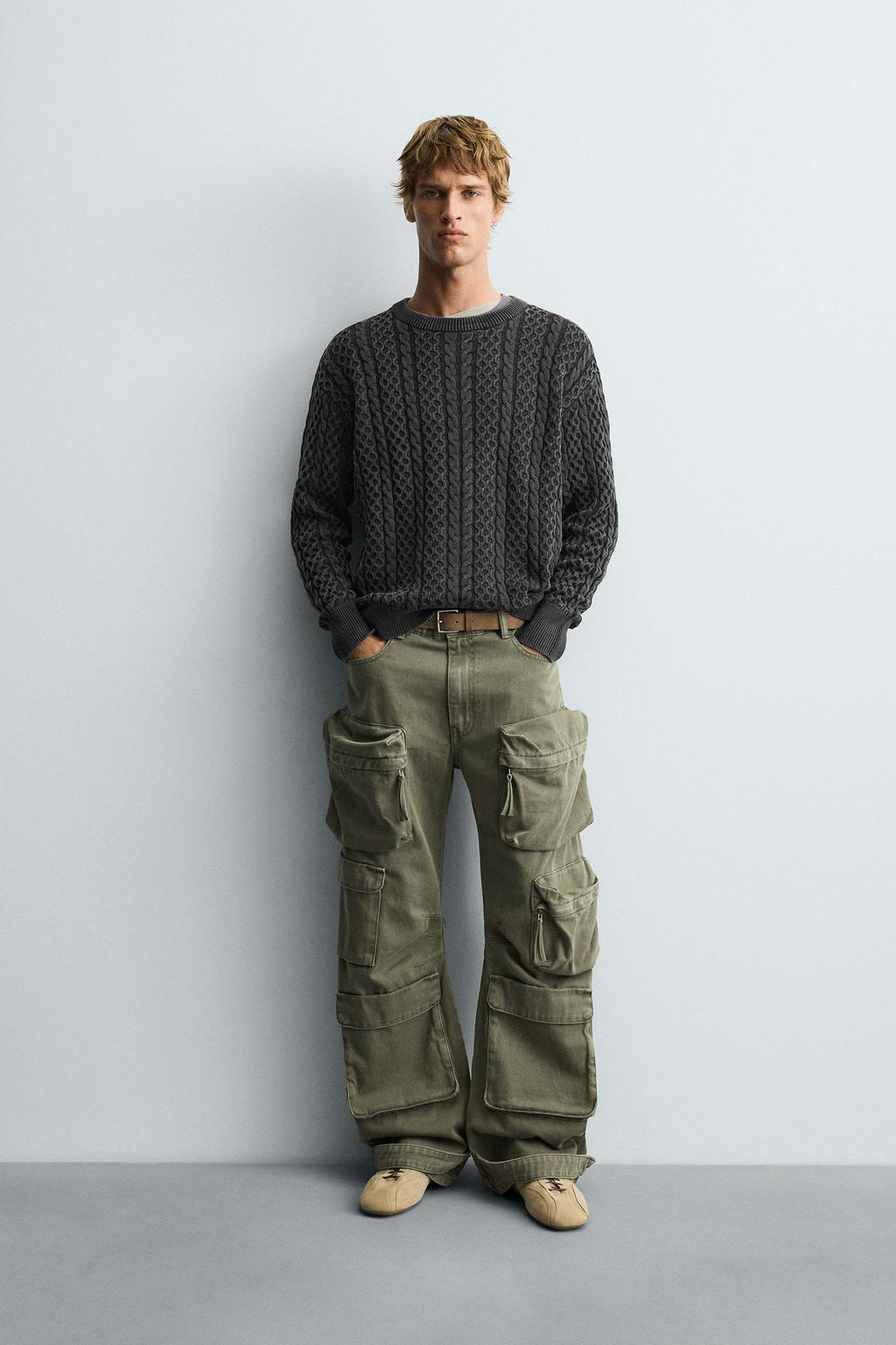 WASHED CABLE-KNIT SWEATER