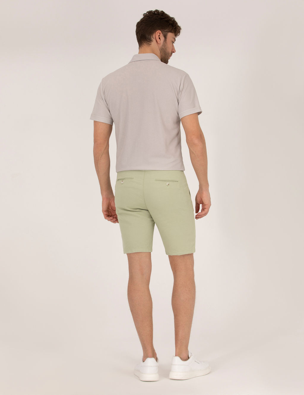 A__k Ye_il Slim Fit Keten Kar___ml_ Beli Lastikli Bermuda _ort