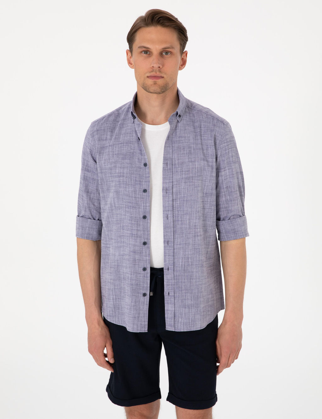Lacivert Keten G_r_n_ml_ Slim Fit Uzun Kollu G_mlek