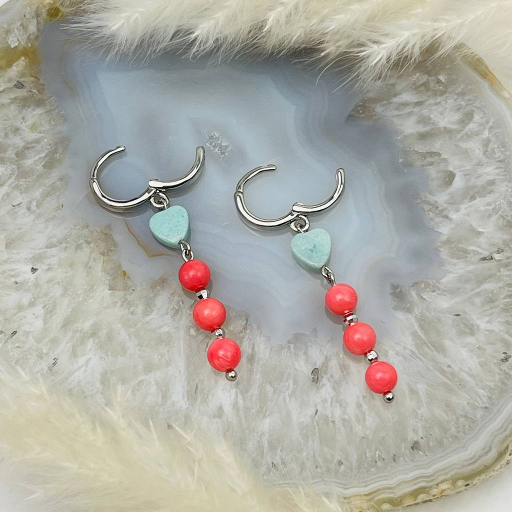 Серьги длинные из розового Коралла и Кварца