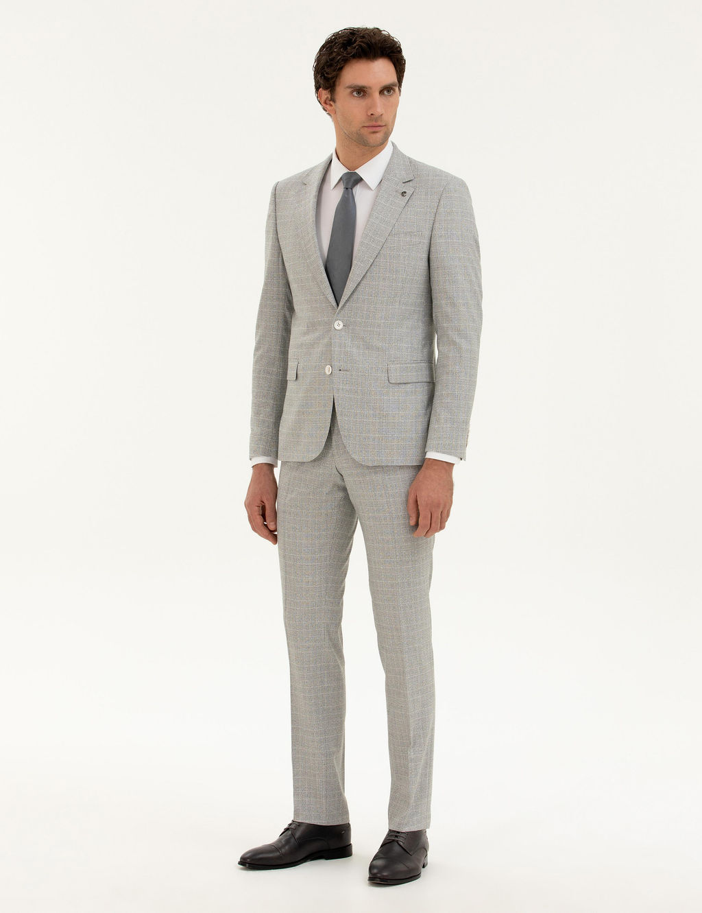 A__k Gri Slim Fit Kareli Tak_m Elbise