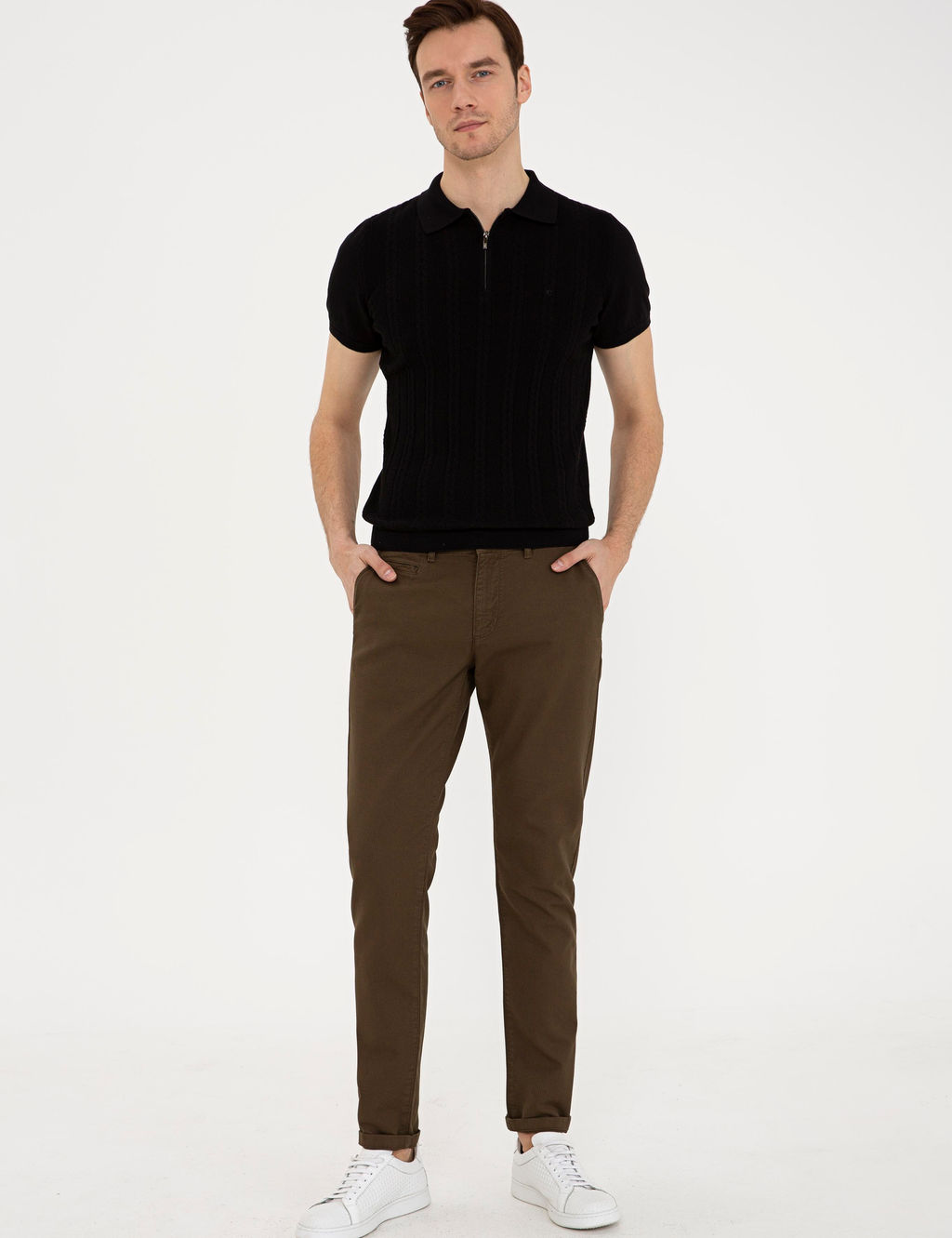 Черный трикотажный свитер приталенного кроя с воротником-поло - Cacharel фото 9