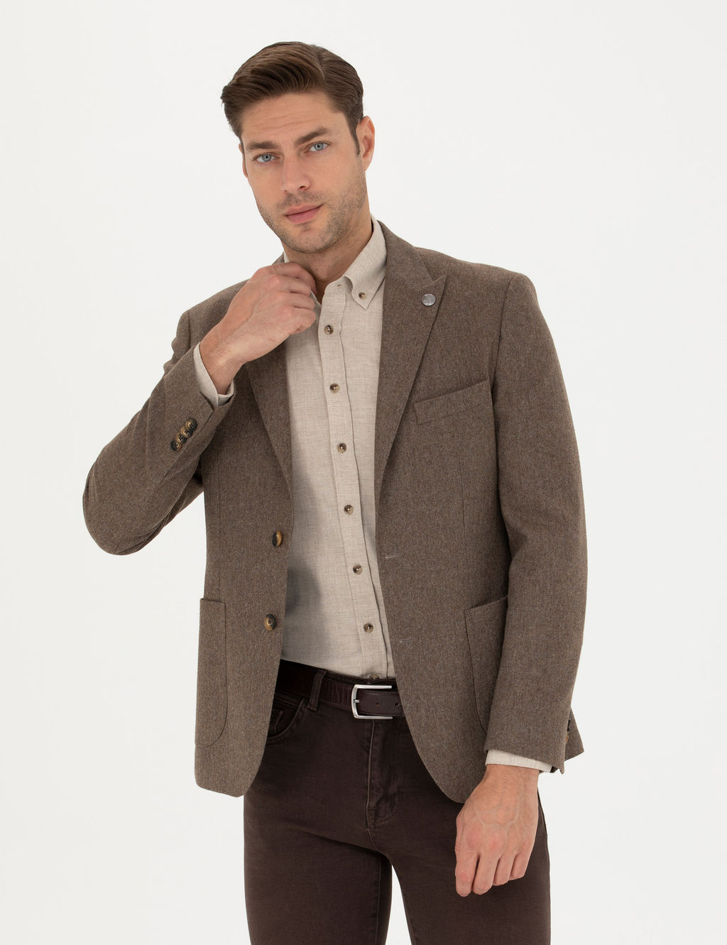 Kahverengi Y_n Kar___ml_ Slim Fit Ceket
