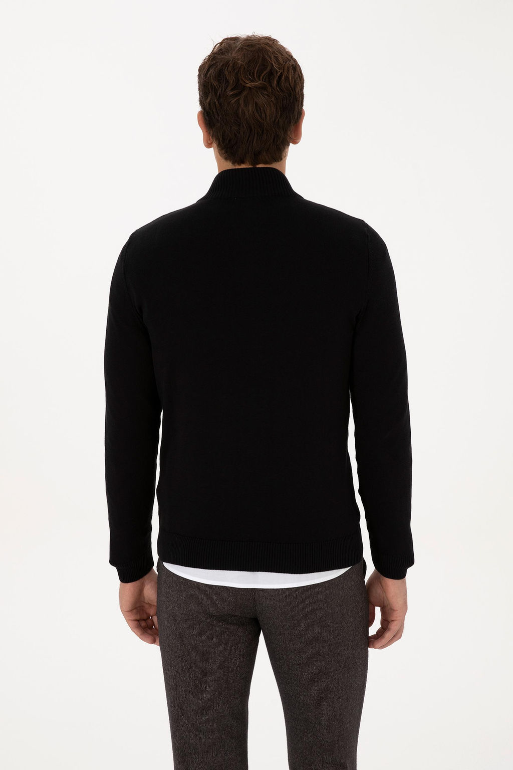 Erkek Slim Fit Yar_m Fermuarl_ Siyah Kazak