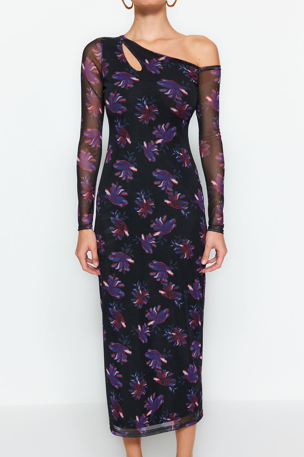 TRENDYOLMILLA Siyah Tul Bask?l? Vucuda Oturan Asimetrik Yaka Astarl? Midi Orme Kalem Esnek Elbise TWOAW24EL00608  фото 3