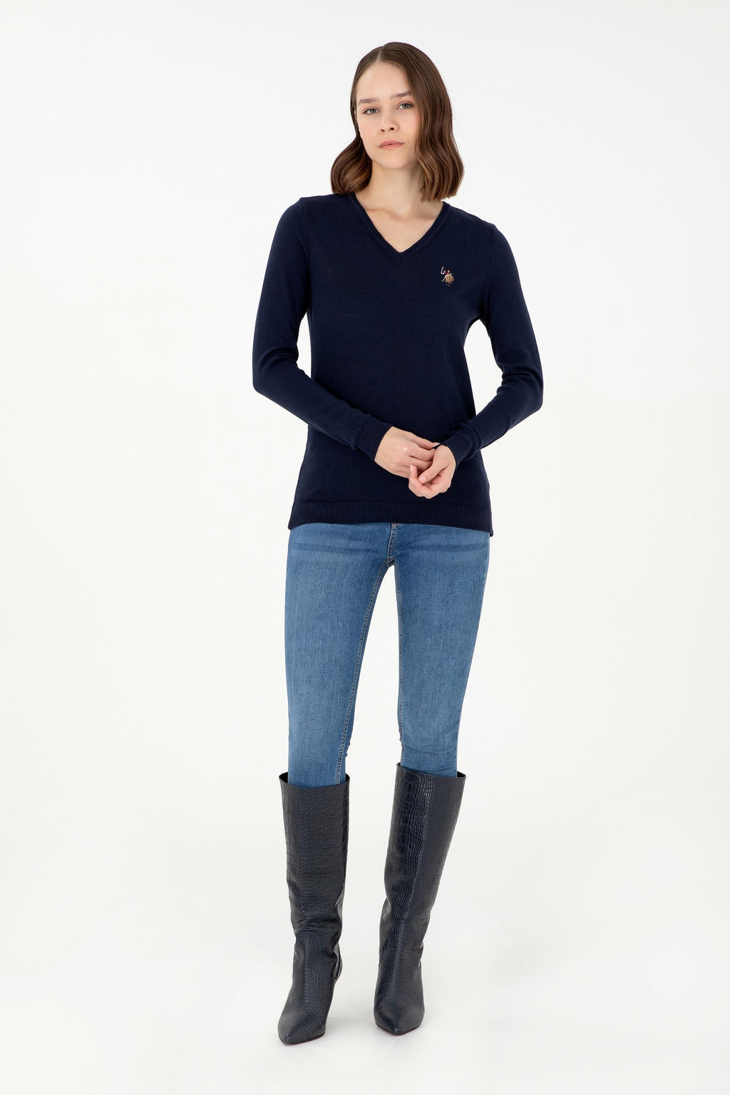 Женский темно-синий базовый свитер с v-образным вырезом Неожиданная скидка в корзине - U.s. polo assn фото 4