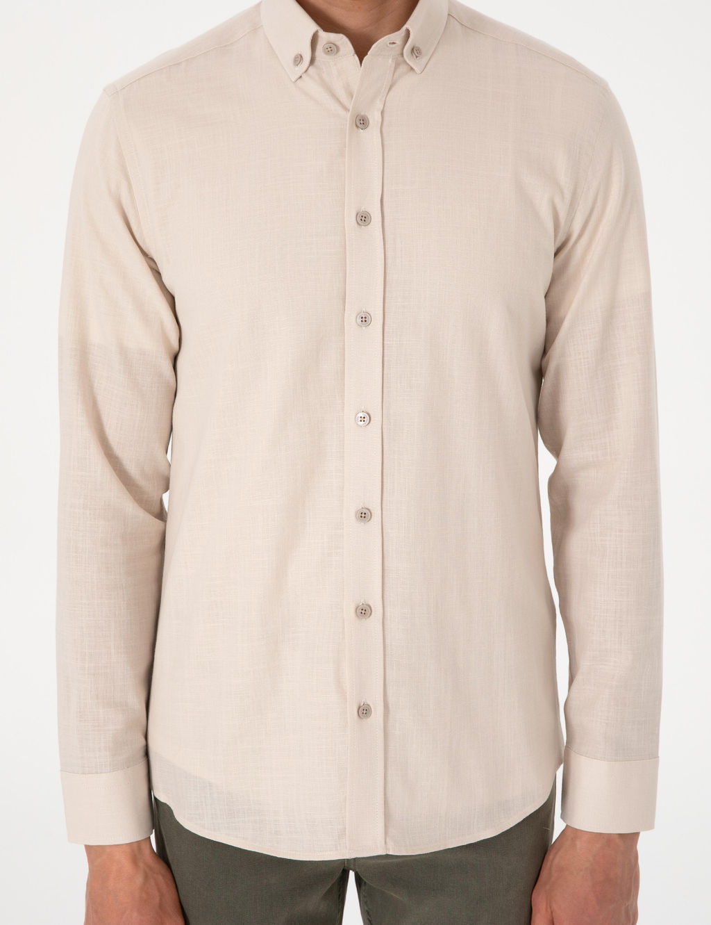 Bej Keten G_r_n_ml_ Slim Fit Uzun Kollu G_mlek - Pierre cardin фото 6