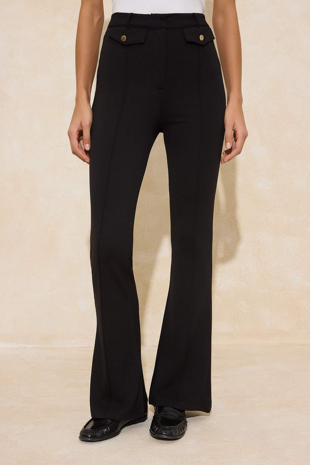 Siyah Flare/Ispanyol Paca Dugmeli Normal Bel Uzun Interlok Orme Pantolon TWOSS26PL00005 - Trendyolmilla фото 3