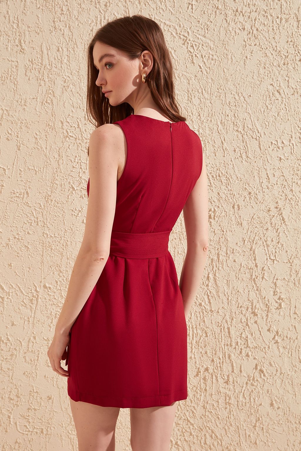 Bordo Kusakl? Vucudu Saran Bisiklet Yaka Mini Dokuma Elbise TWOSS19AA0063