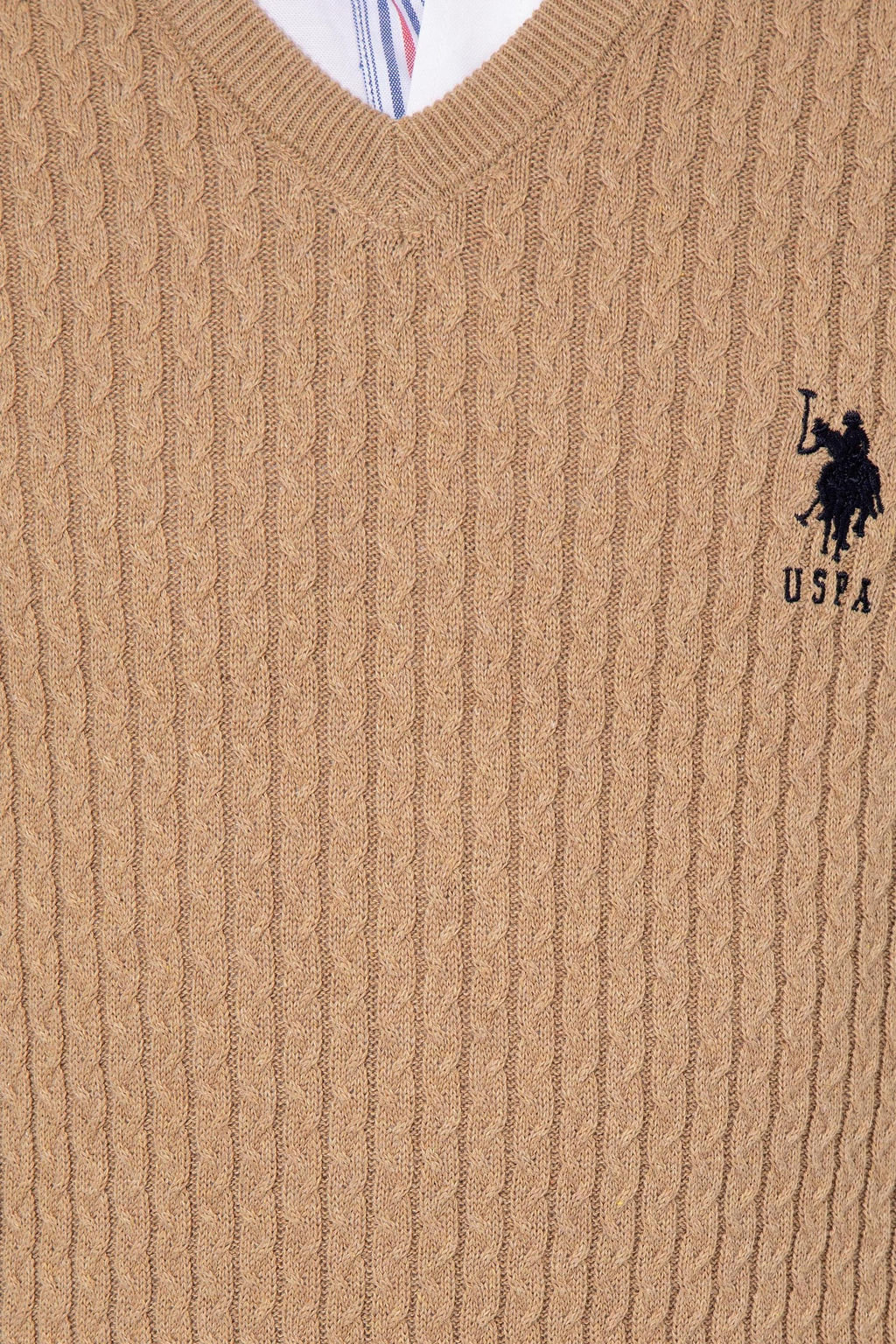 U. S. Polo Assn Мужской базовый трикотажный свитер светло-коричневого цвета с v-образным вырезом и меланжевым принтом - U.s. polo assn фото 18
