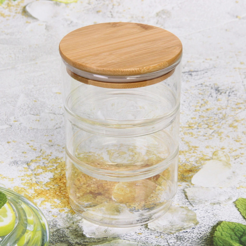 Банка для продуктов стеклянная "Хай-Тек" в наборе 3*400мл с бамбуковой крышкой 11*6см