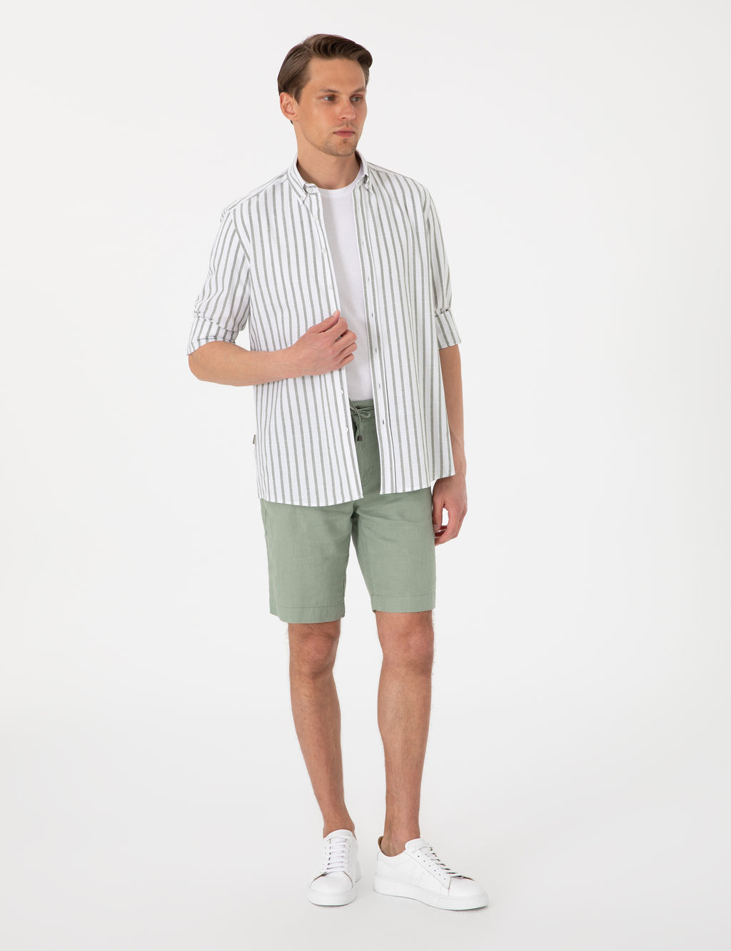 Haki Regular Fit _izgili Uzun Kollu G_mlek
