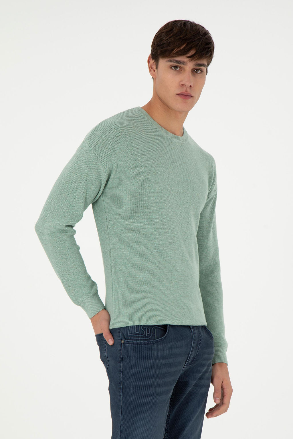Erkek Regular Fit Bisiklet Yaka Ye_il Melanj Basic Kazak