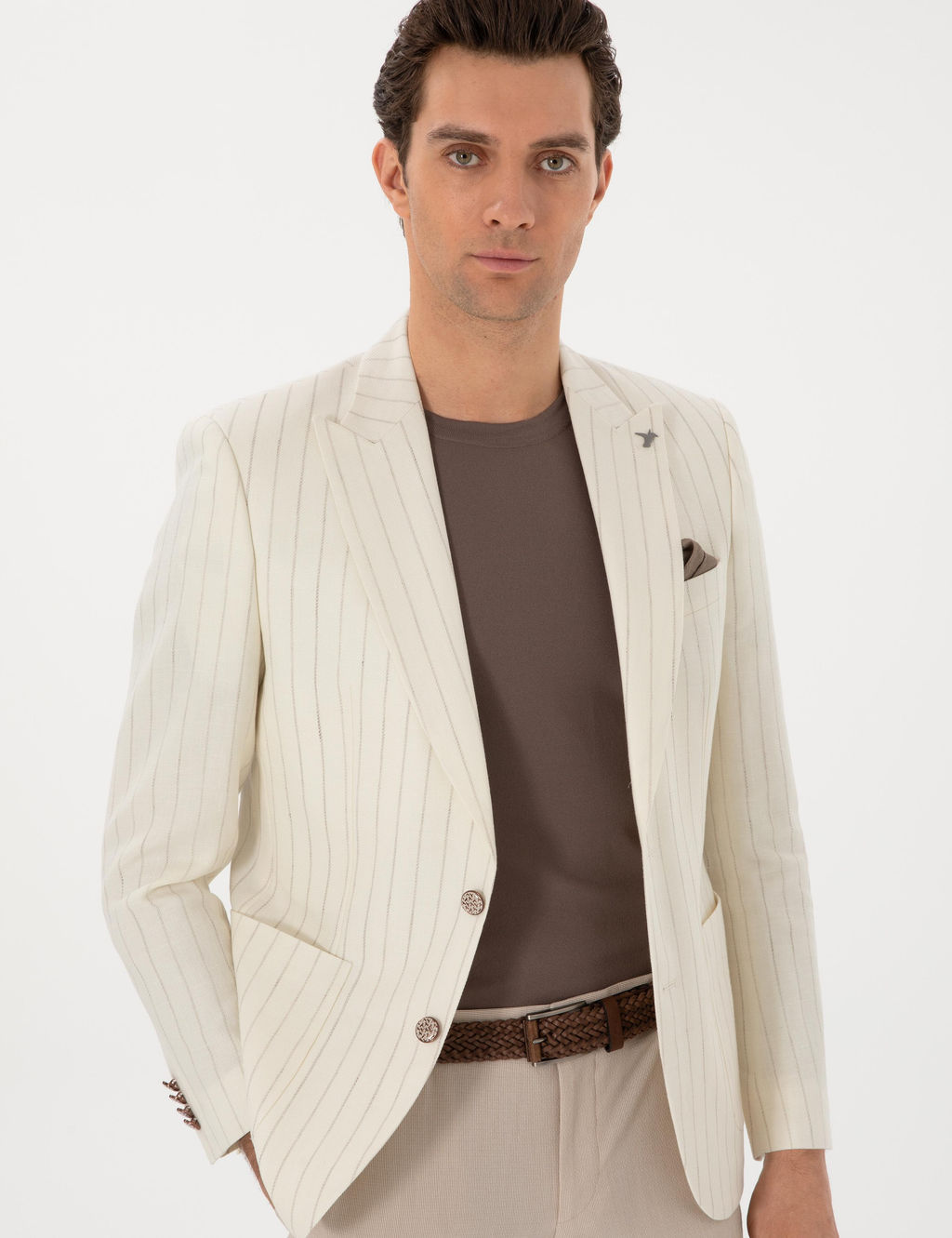 Ekru Slim Fit Y_n Keten Kar___ml_ _izgili K_rlang__ Yaka Ceket