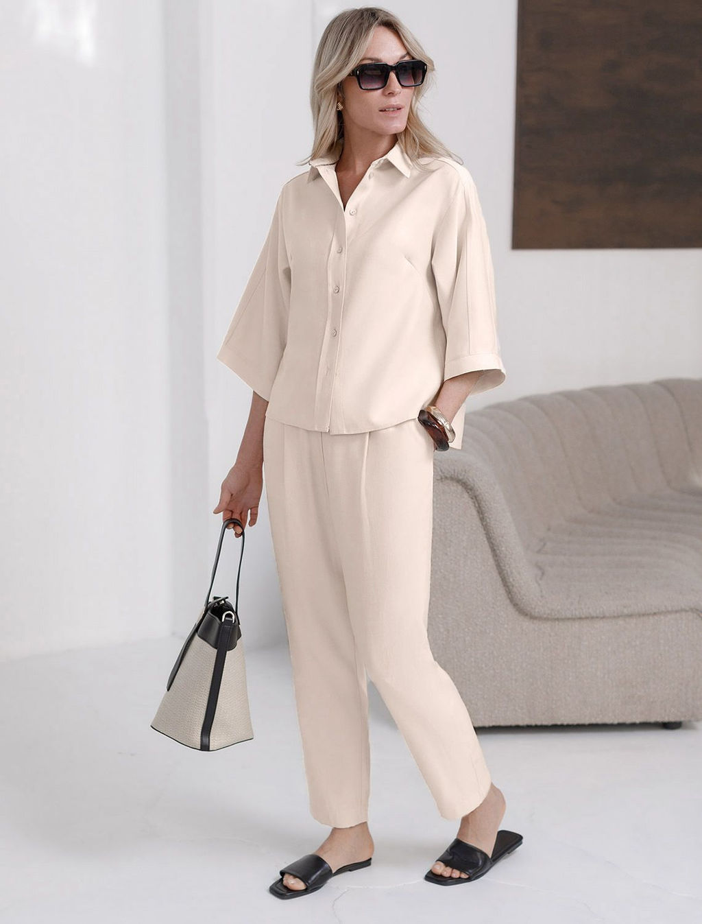 Брюки бананы с поясом на резинке из плотного лиоцелла - Vilatte фото 5