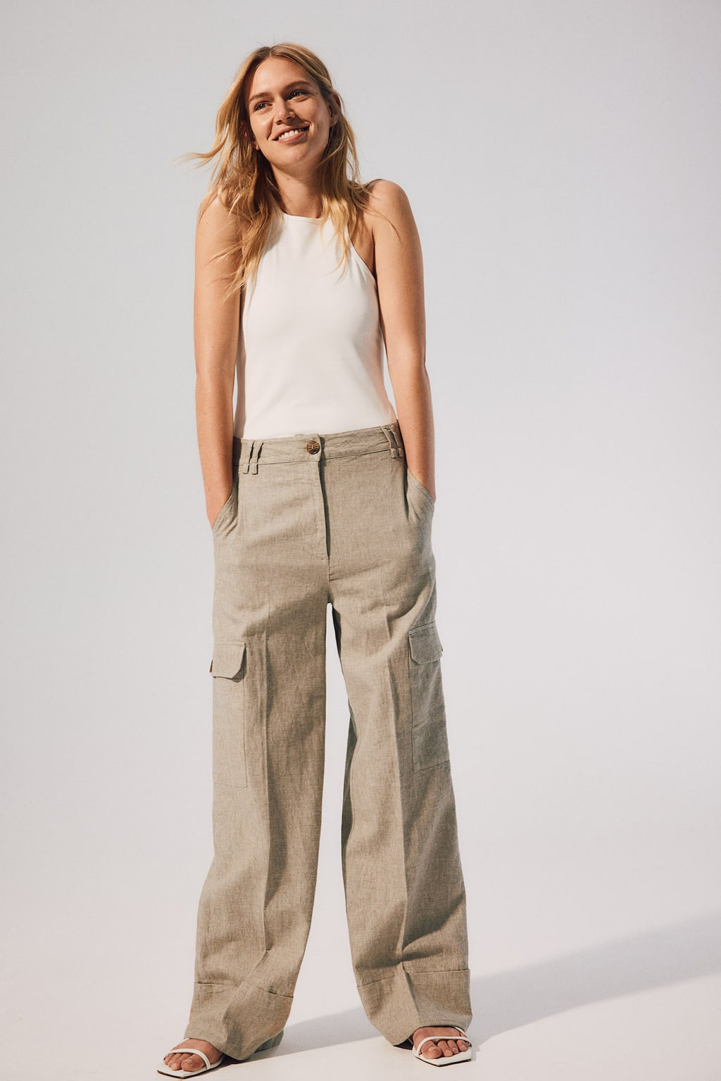 Pantalon cargo en mezcla de lino