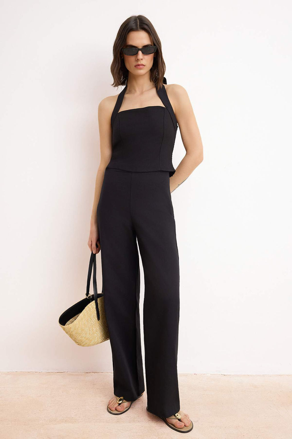 Siyah Keten Gorunumlu Bluz Pantolon Dokuma Alt - Ust Tak?m TWOSS26AU00100