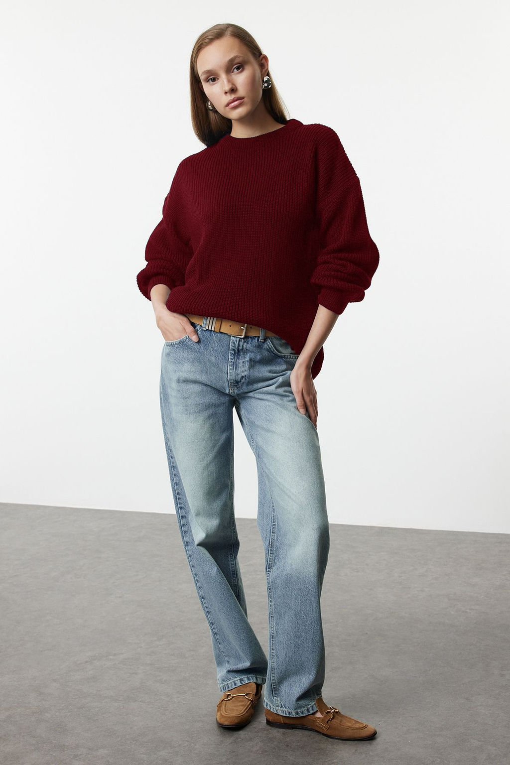 Bordo Genis Kal?p Fitilli Yumusak Dokulu Triko Kazak TWOAW25KZ00342 - Trendyolmilla фото 2