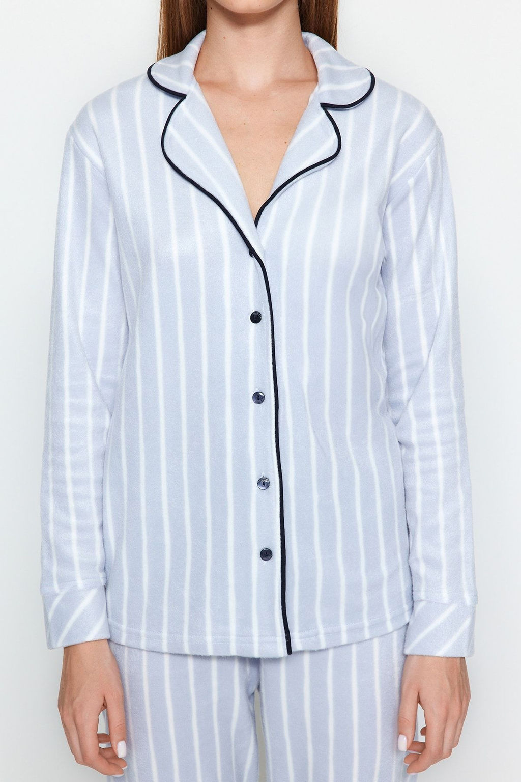 Mavi Cizgili Biye Detayl? Uyku Bantl? Polar K?sl?k Orme Pijama Tak?m? THMAW22PT0360