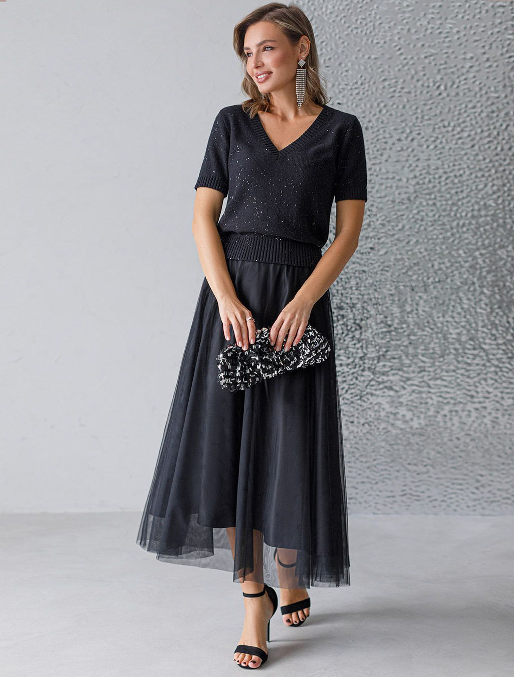 Джемпер с V вырезом и коротким рукавом из хлопковой пряжи с пайетками - Vilatte фото 6