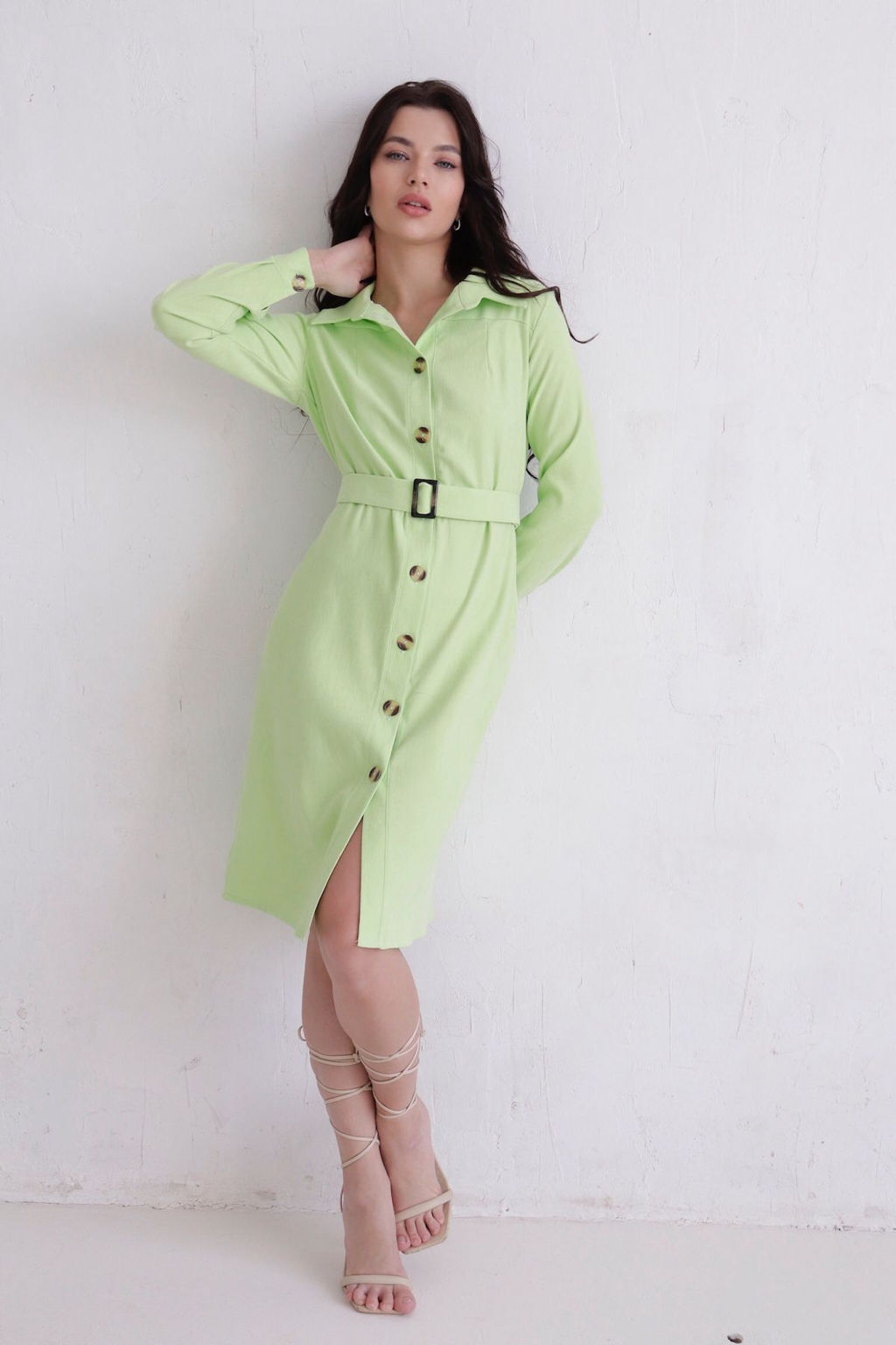 Платье-рубашка из микровельвета салатовое - Martichelli фото 3