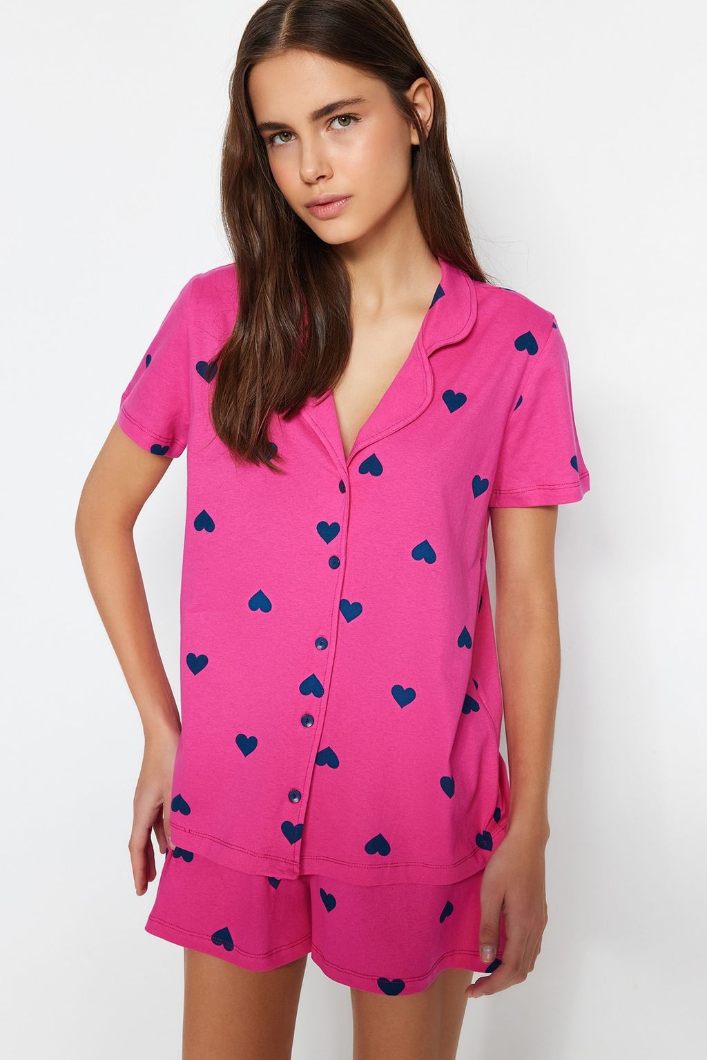 Trendyolmilla Ekru-Cok Renkli %100 Pamuklu Kalpli Sortlu Orme Pijama Tak?m? THMSS21PT0756 фото 23