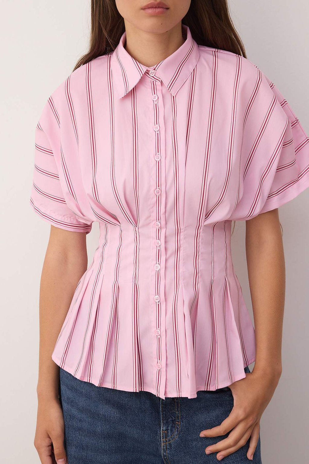 Pembe-Cok Renkli Bele Oturan Cizgili Gomlek TWOAW26GO00030 - Trendyolmilla фото 3