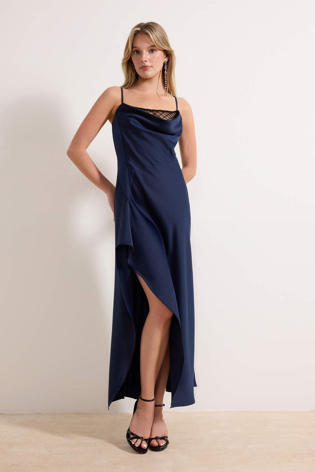 Lacivert Dantel Detayl? Dokuma Saten Midi S?k/Gece Elbise TPRSS26EL00035