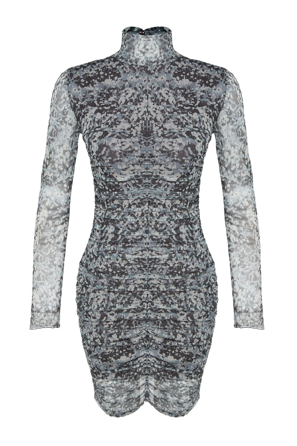 TRENDYOLMILLA Gri Desenli Drape Detayl? Fitted/Vucuda Oturan Dik Yaka Tul Mini Orme Elbise TWOAW24EL00124