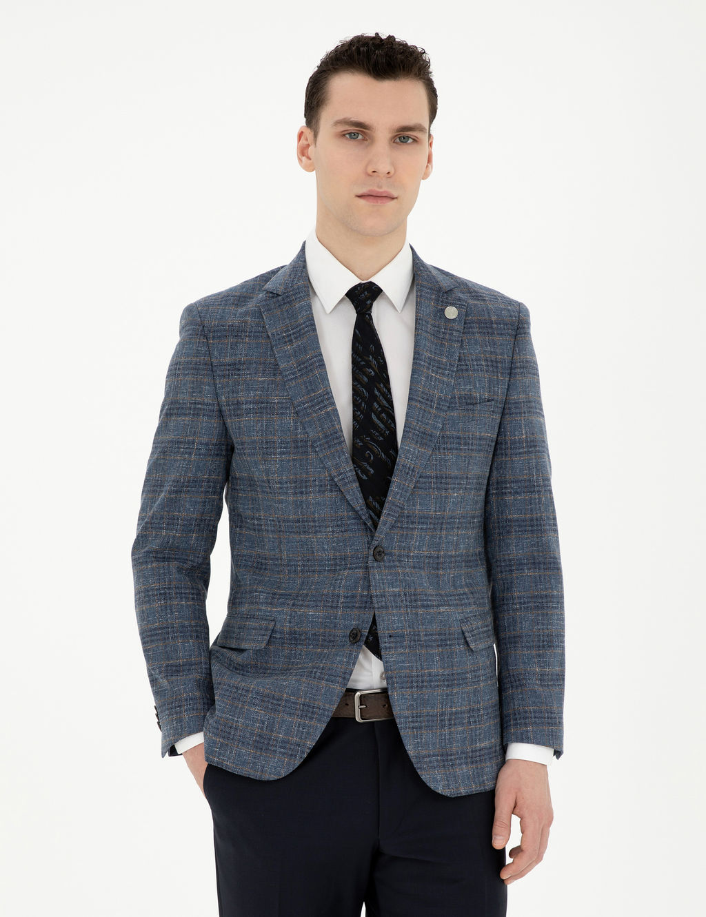 Lacivert Ex. Slim Fit Y_n Kar___ml_ Ekose Ceket