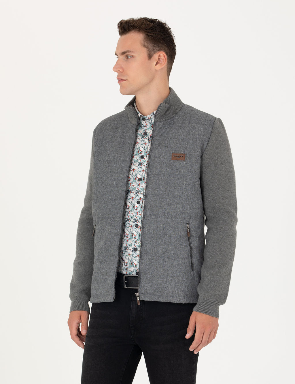 Gri Melanj Slim Fit Fermuarl_ Triko H_rka