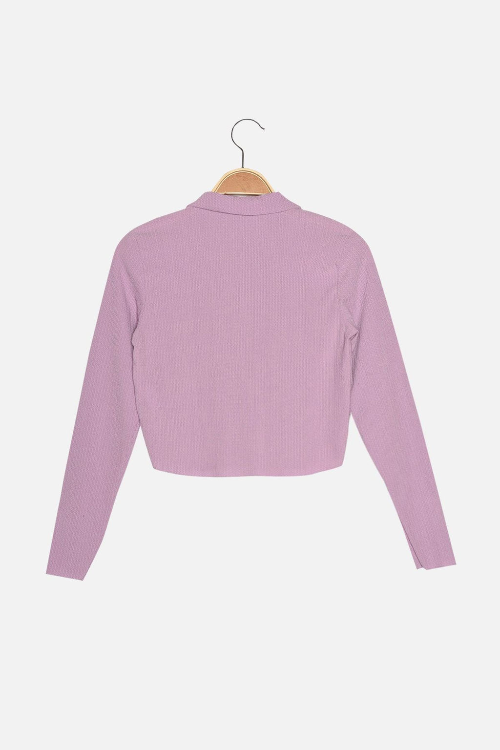 Lila Dugmeli Fitted/Vucuda Oturan Polo Yaka Burumcuk/Dokulu Crop Orme Bluz TWOAW22BZ0241