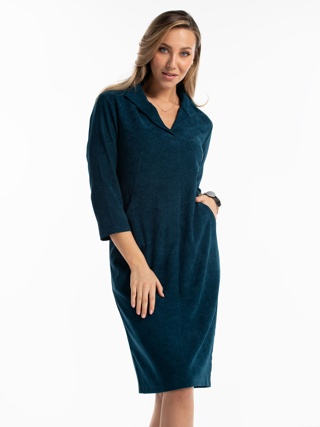 Платье вельветовое с воротником и карманами морская волна - Odis фото 8