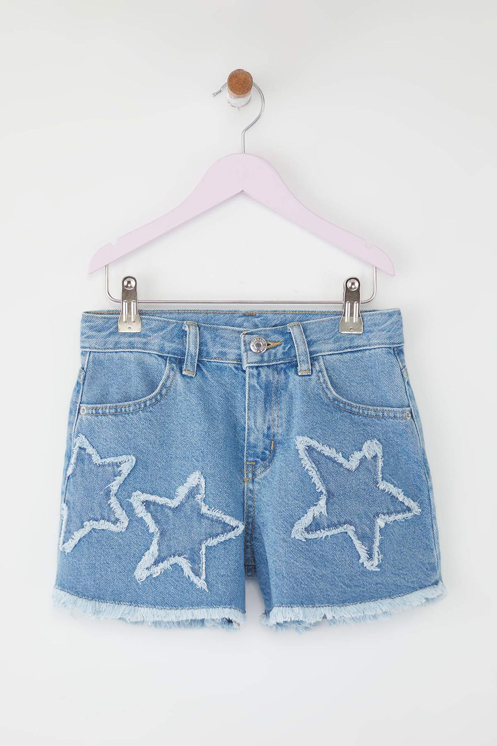 Ac?k Mavi K?z Cocuk %100 Pamuk Y?ld?z Detayl? Lastikli Denim Sort & Bermuda TKDSS25SR00035