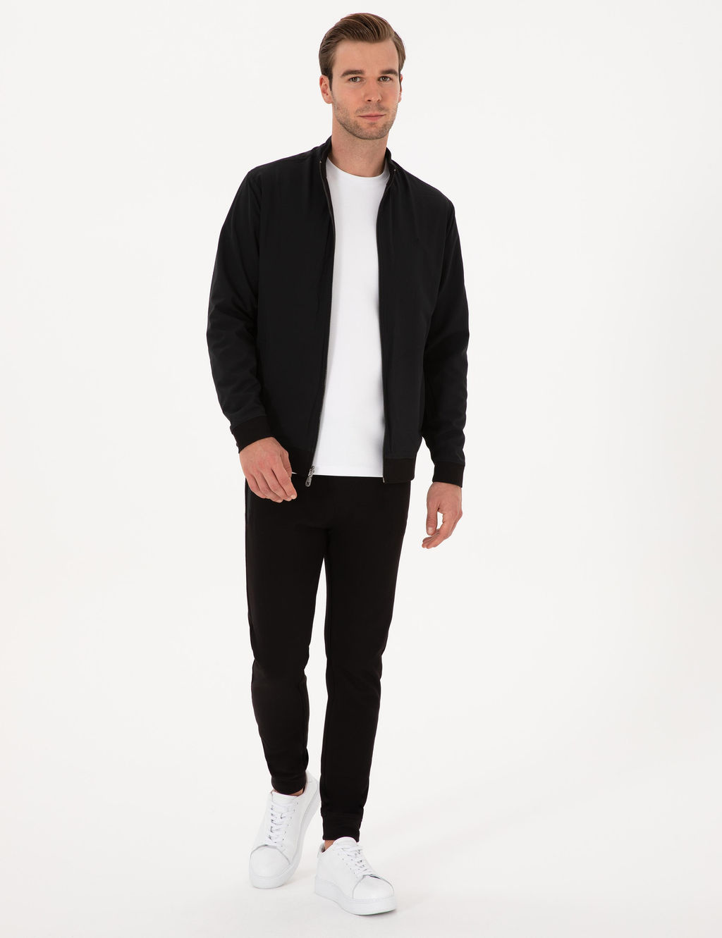 Siyah Regular Fit Pamuk Kar___ml_ Tam Fermuarl_ Sweatshirt