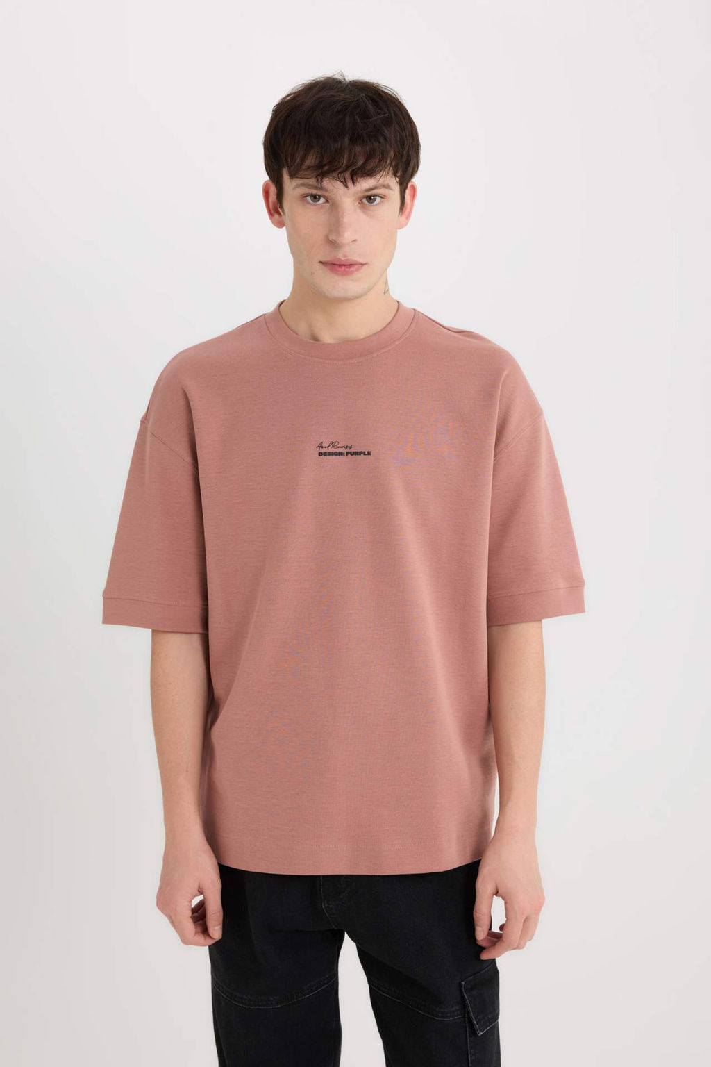 Loose Fit Bisiklet Yaka Bask?l? Ag?r Kumas Tisort - Defacto фото 5