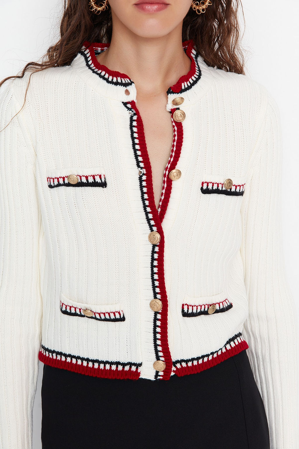 Ekru Crop Renk Bloklu Ceket Gorunumlu Triko H?rka TWOAW23HI00550