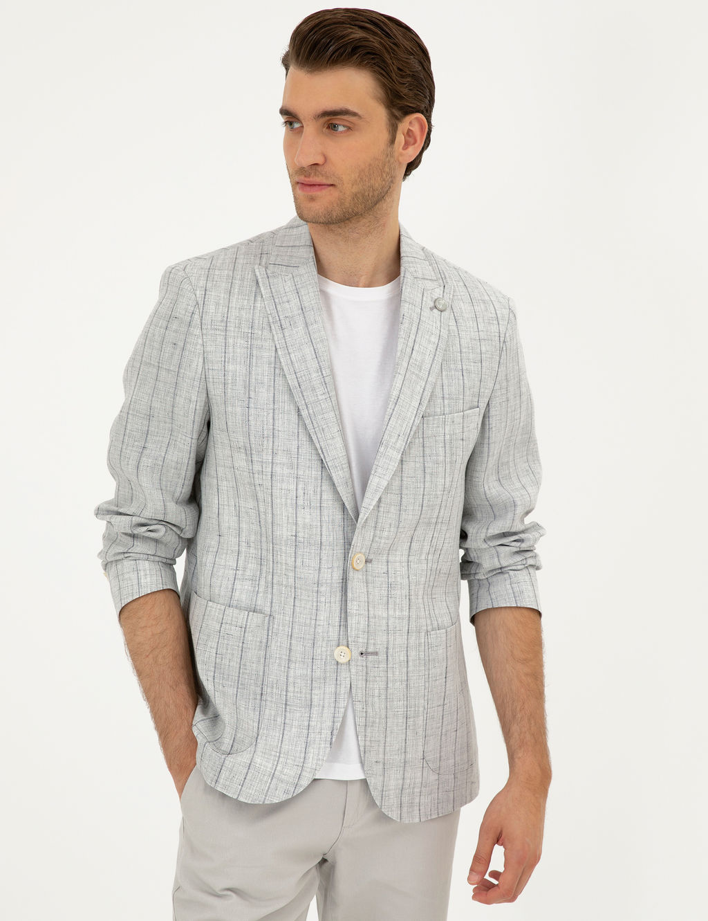Gri Slim Fit %100 Keten _izgili Ceket