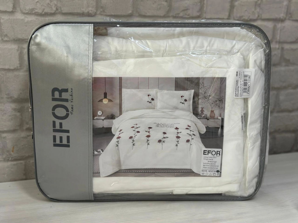 КПБ EFOR SATIN Эмилия (№3 РОЗА) с одеялом с вышивкой BEYAZ белый евро