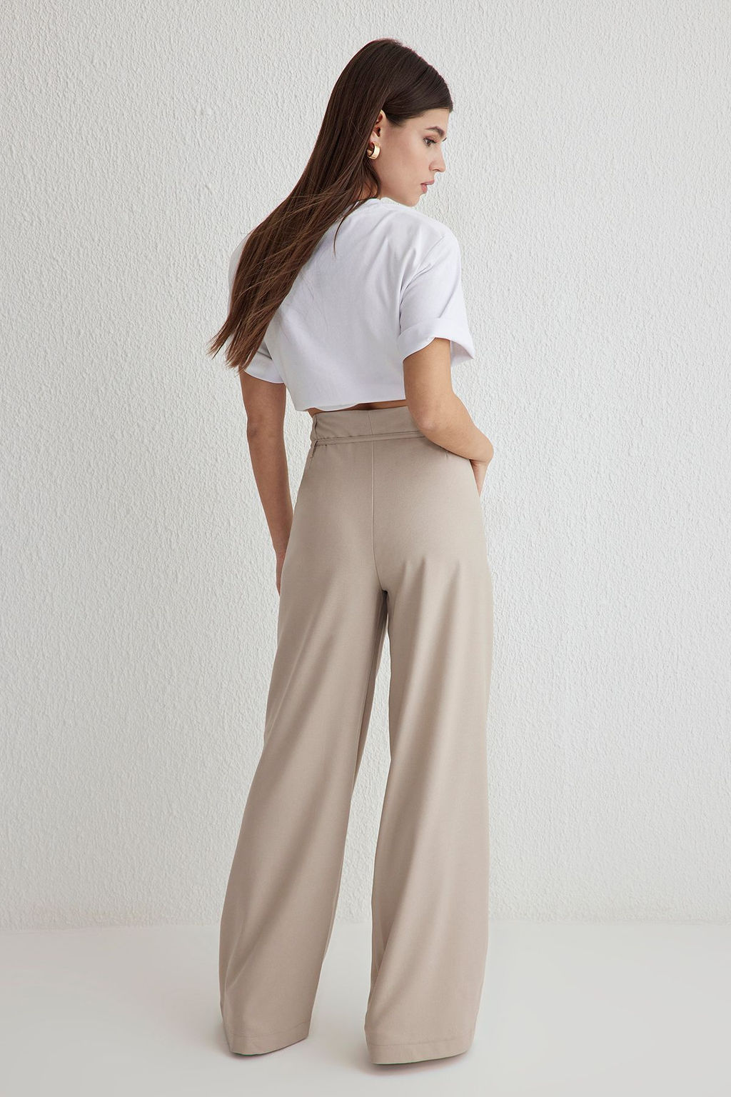 Bej Kemerli Wide Leg/Genis Paca Dokuma Pantolon Pantolon TWOSS25PL00031 Palazzo