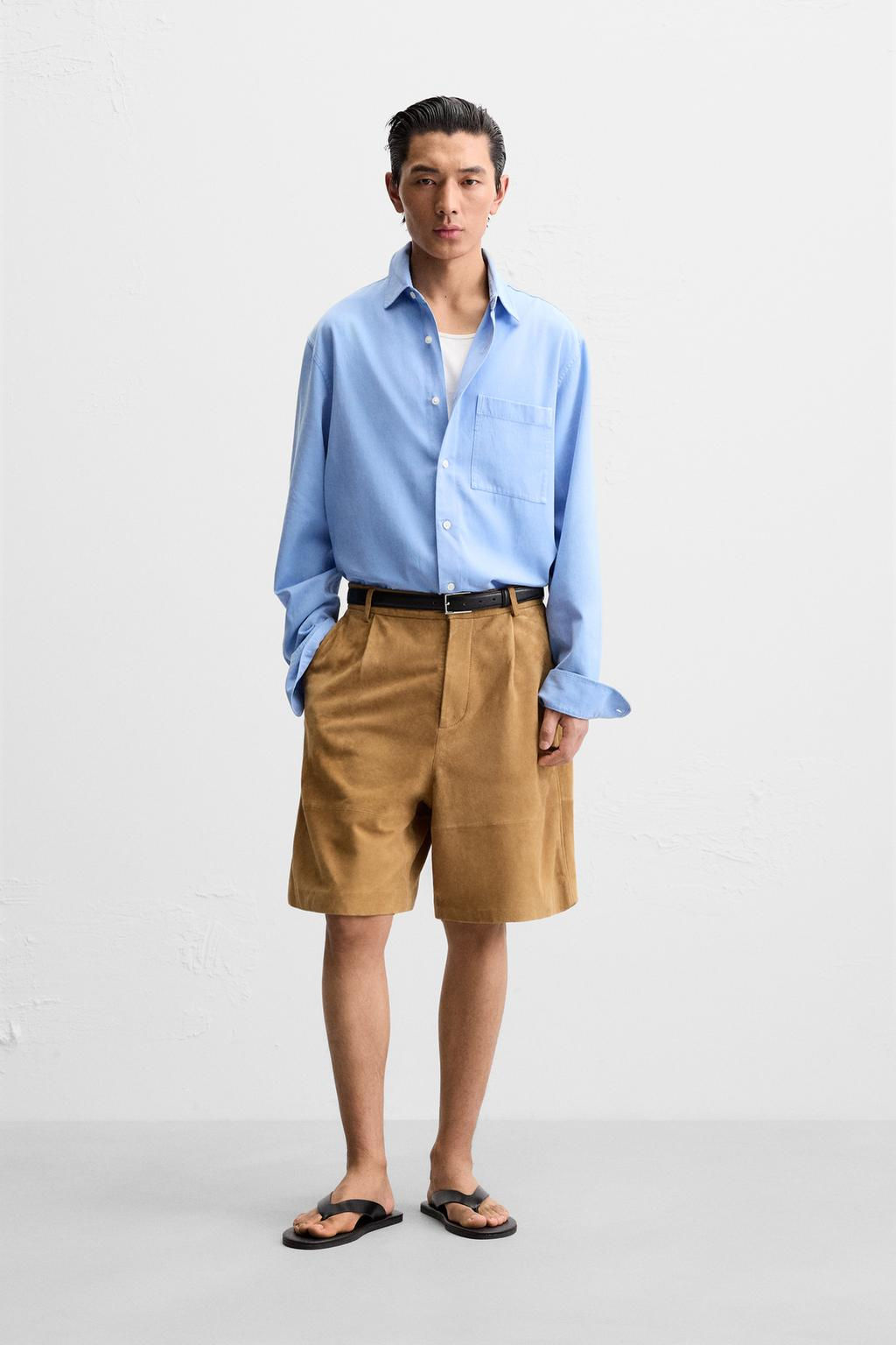 PLEATED SUEDE LEATHER BERMUDA SHORTS