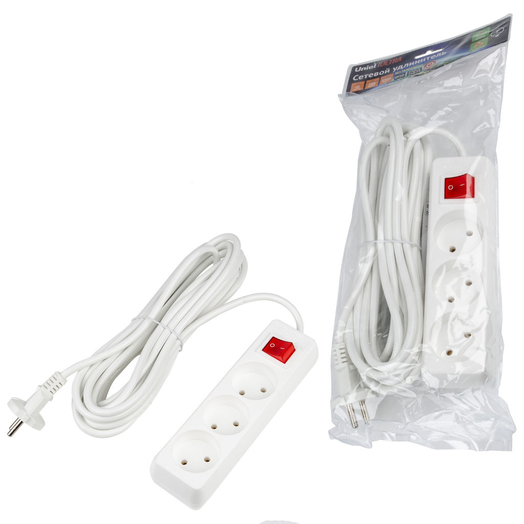 S-CU3-7B WHITE Удлинитель серии Ultra, шнур 7м., 3 гнезда, 10A, б/з. Белый. TM Uniel