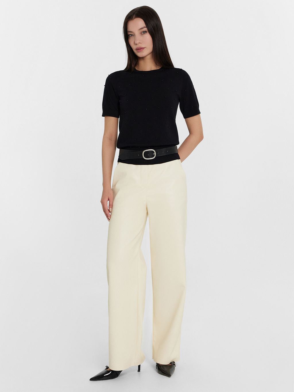 Брюки кожаные женские кремовые сливочное масло 182546