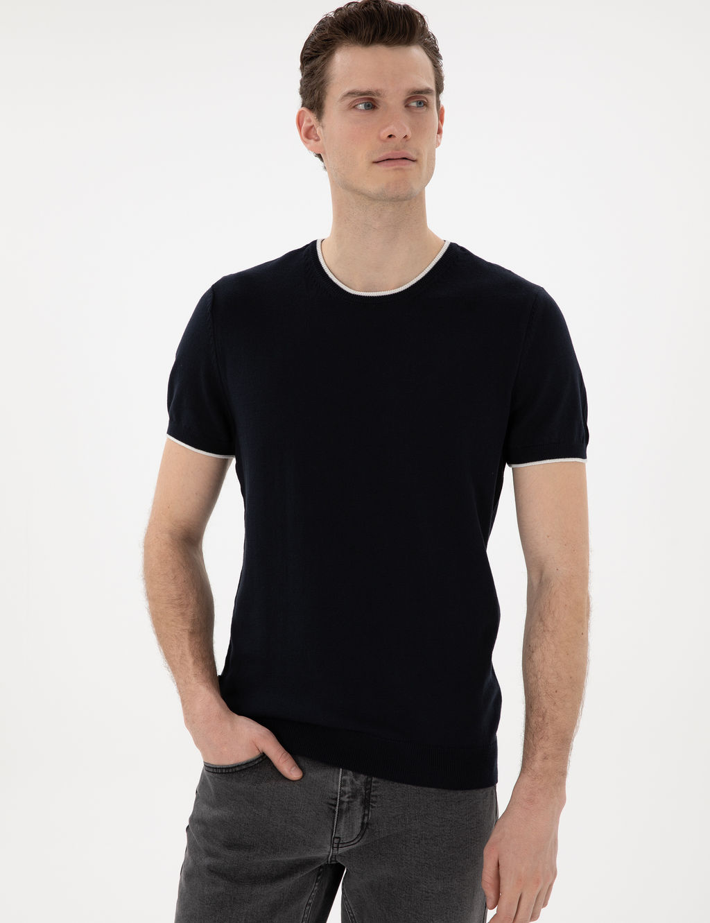 Lacivert Slim Fit Bisiklet Yaka Triko Ti__rt